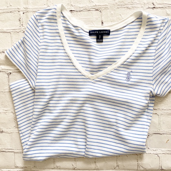 Ralph Lauren Tops - Ralph Lauren White & Blue Striped Vneck Top